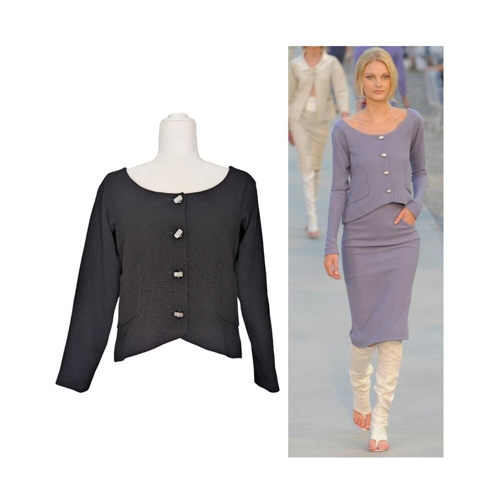 Chanel Cruise 2012 Jacket Blazer Wool Silk Crystal CC Buttons Cropped Black FR40
